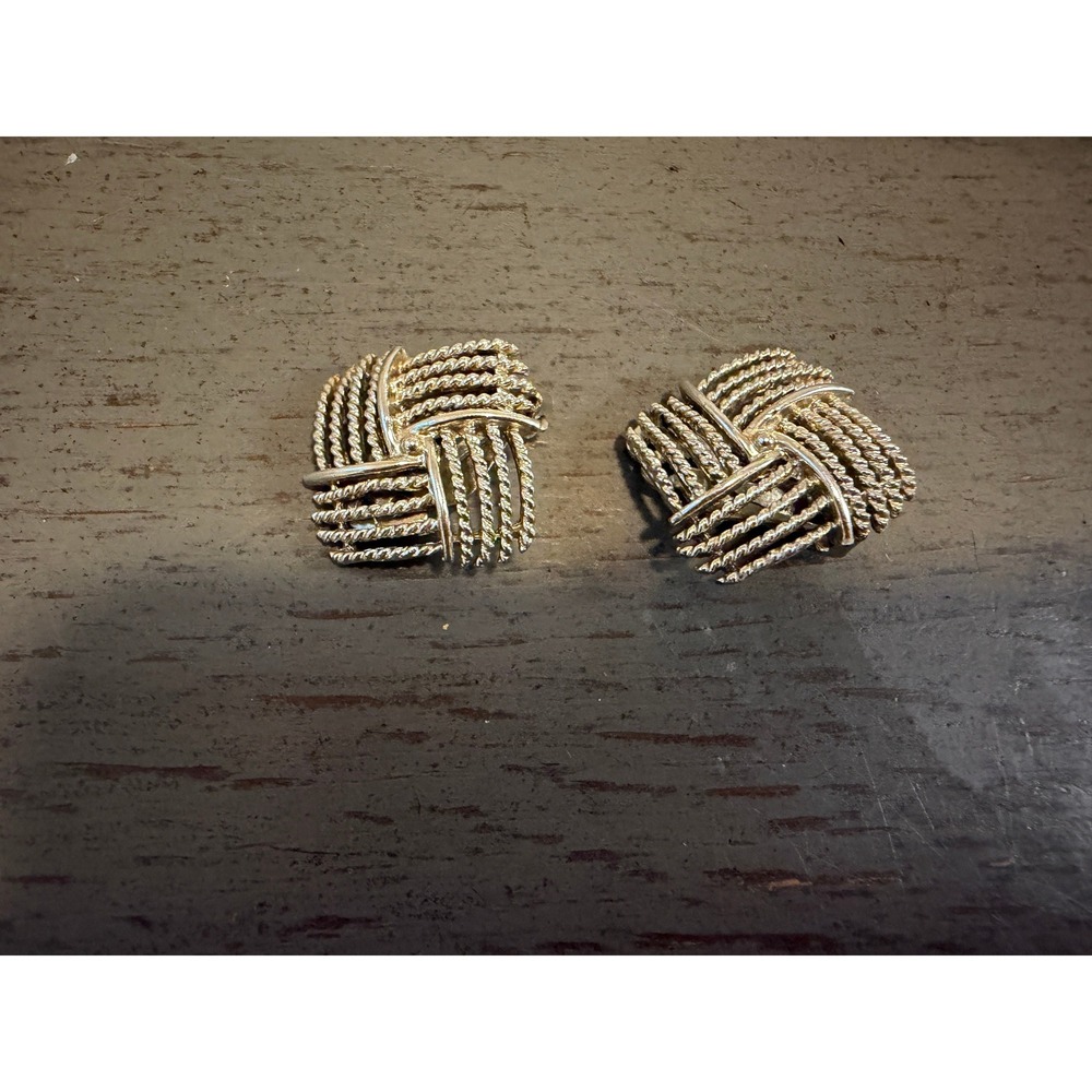 Vintage Napier Silver Tone Basket Weave Clip On Earrings Square Textured Rope